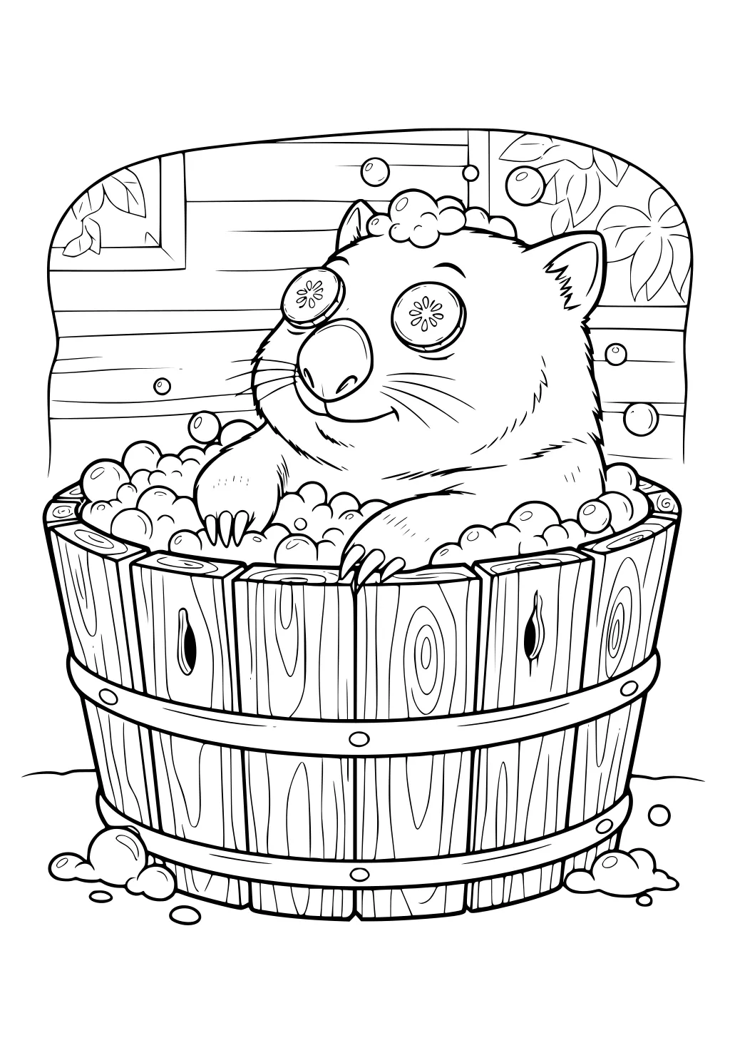Wombat in a wooden barrel tub of bubbles, cucumber slices on eyes, foam hat, with cabin wall, small window, and leaves.