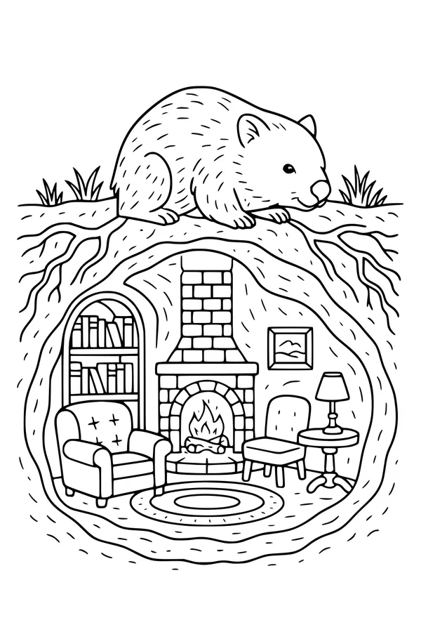 Free Wombat Coloring Page - Cozy Underground Living Room Burrow (Printable PDF)