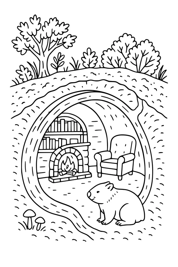 Free Wombat Coloring Page - Cozy Underground Burrow Library (Printable PDF)