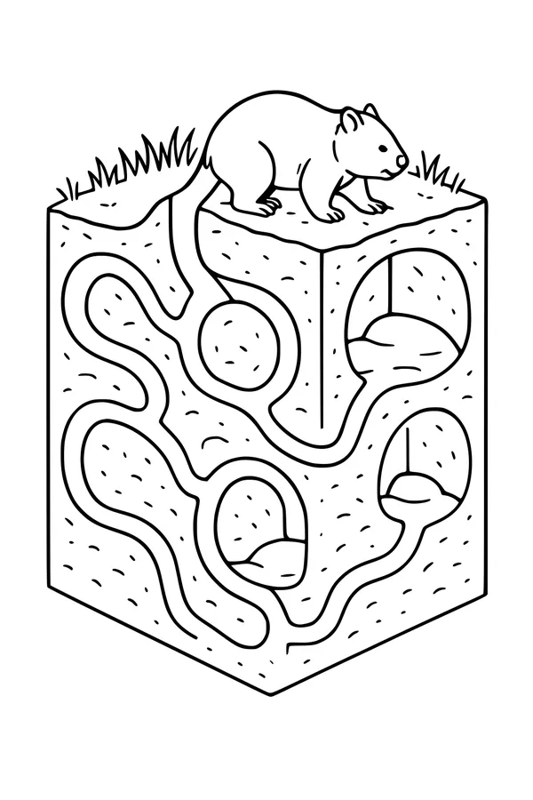 Free Wombat Coloring Page - Underground Burrow Tunnels Scene (Printable PDF)