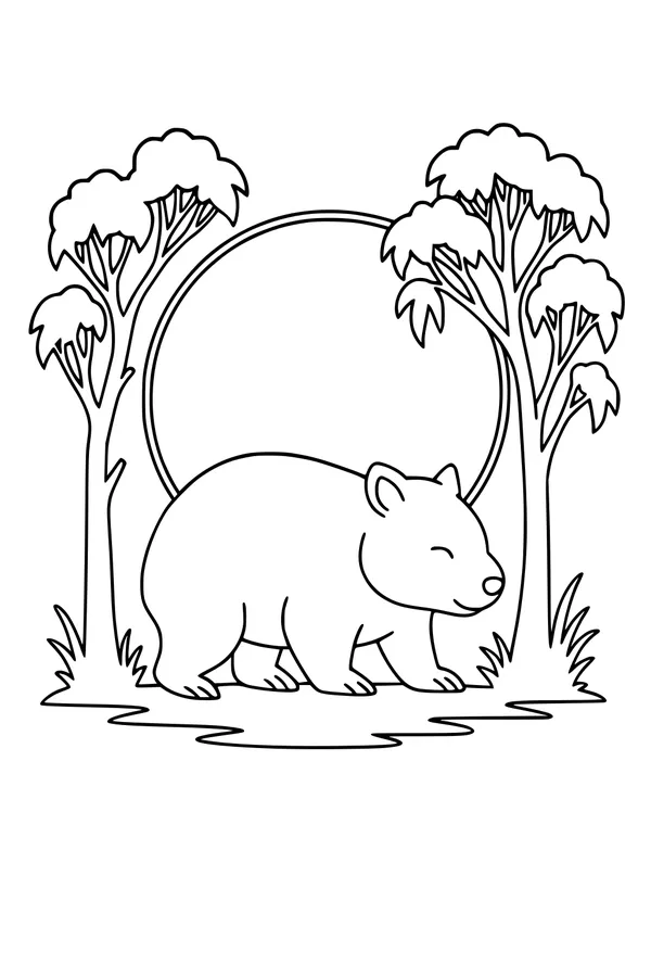 Free Wombat Coloring Page - Walking Under Eucalyptus Trees (Printable PDF)