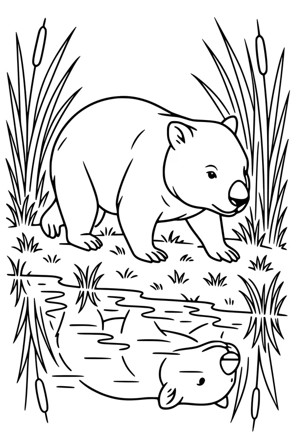 Free Wombat Coloring Page - Walking Beside a Quiet Pond (Printable PDF)