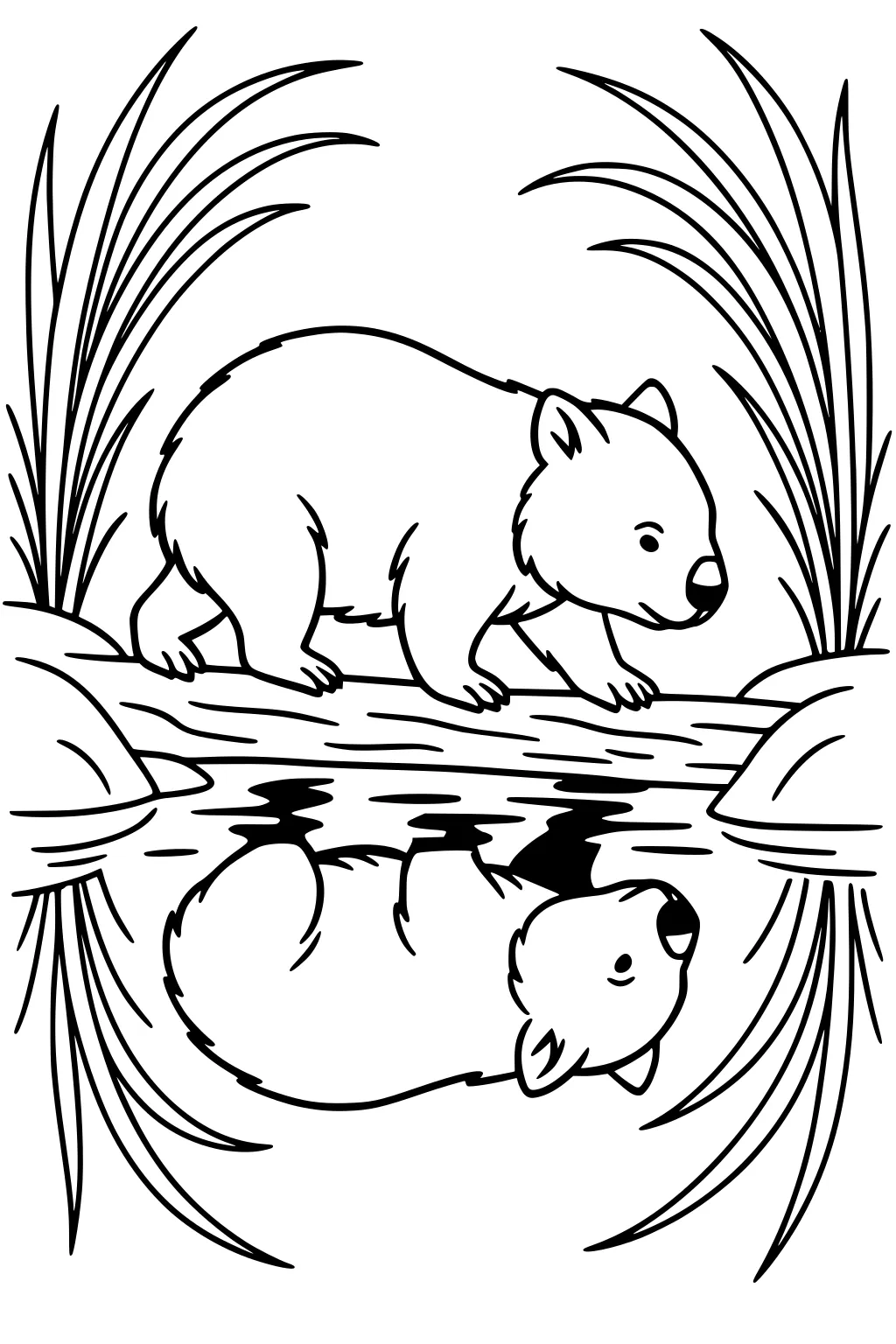 Wombat walks on a log over a creek, with its reflection in the water, tall grasses on both sides, and rocks near the bank.