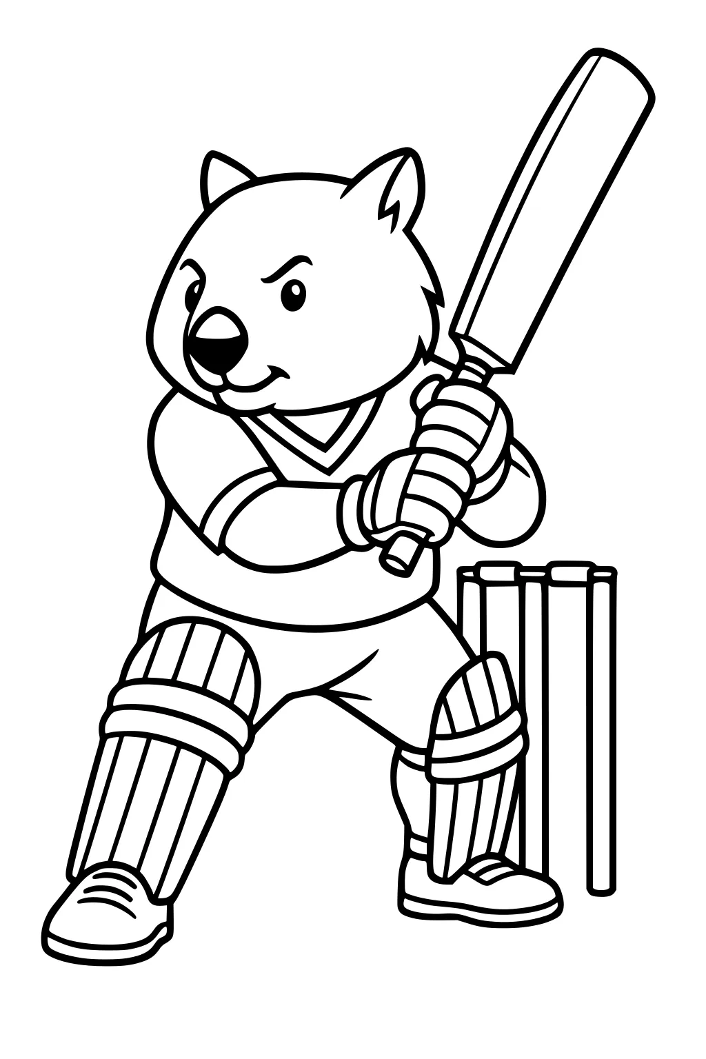 Cartoon wombat batter holding a cricket bat, wearing jersey, gloves, and leg pads, standing by stumps with a focused face.