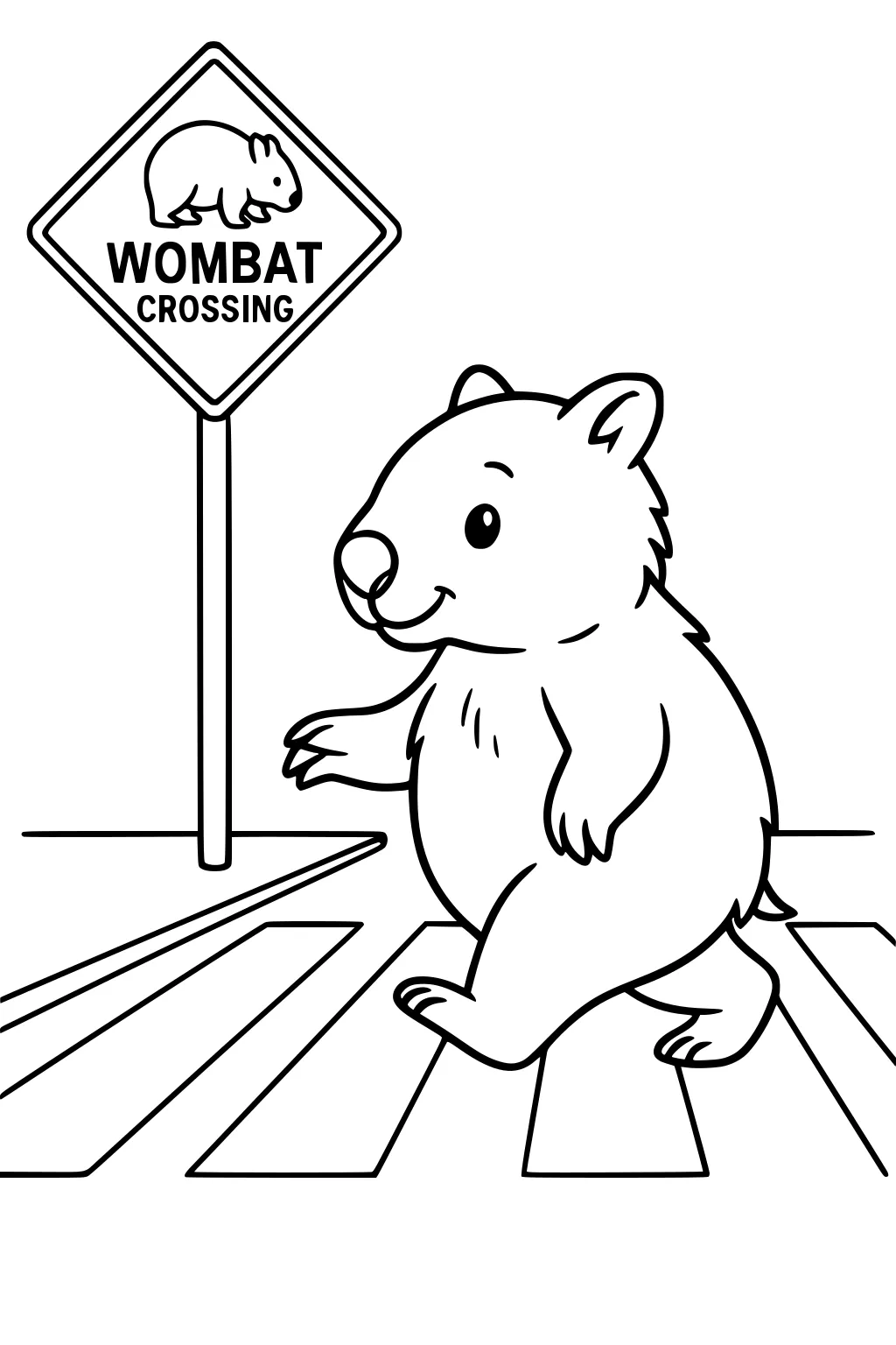 Cartoon wombat walks across a zebra crossing beside a Wombat Crossing sign, with simple outlines and wide open spaces.