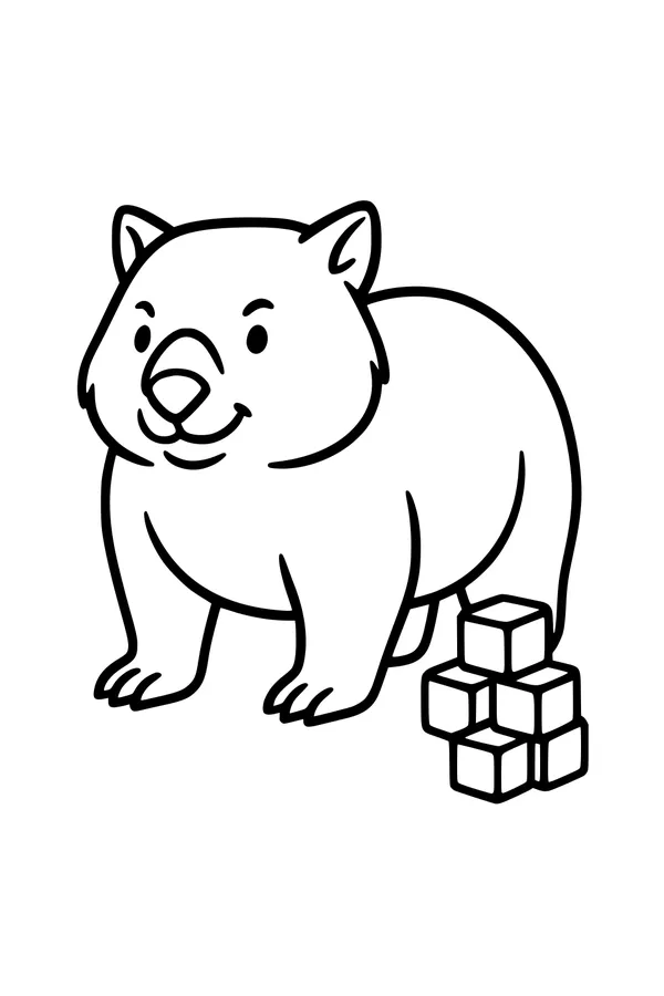 Free Wombat Coloring Page - Cute Cartoon With Cube Stack (Printable PDF)