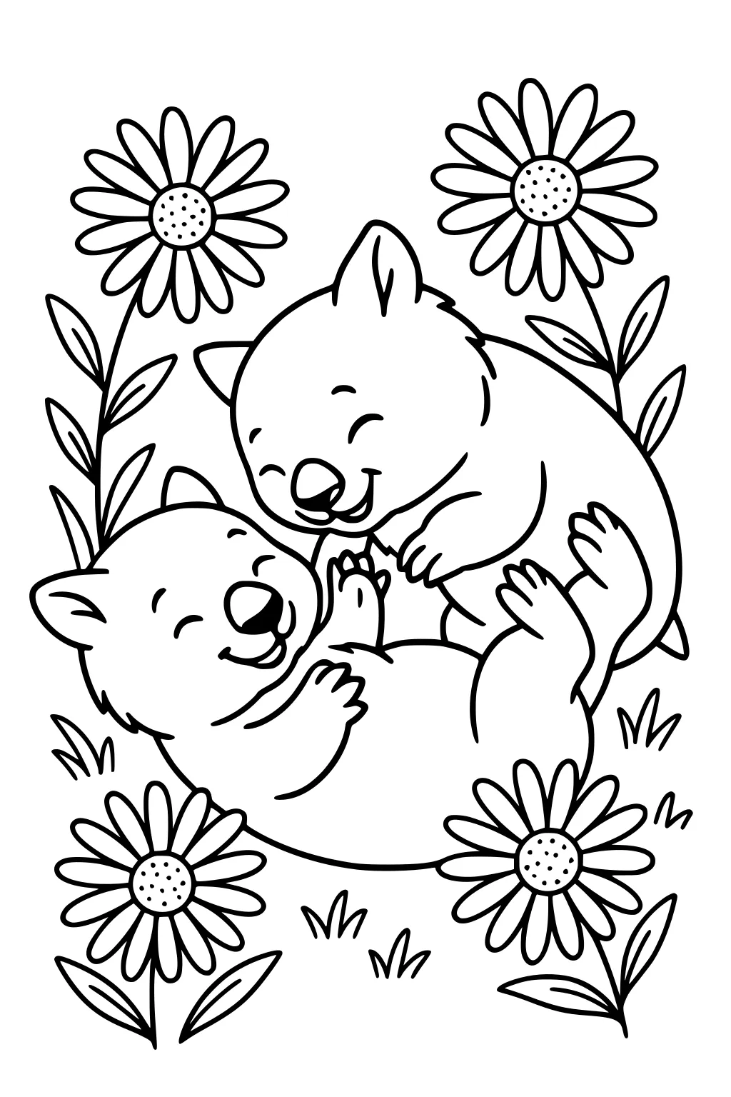 Two cartoon wombats laugh and play among tall daisies and grass, one on his back while the other tickles his paws.