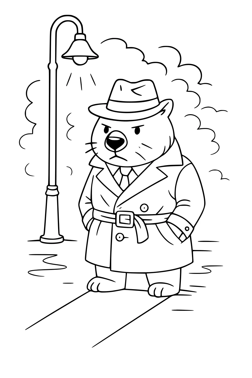 Wombat detective in a trench coat and fedora stands under a glowing streetlamp on a sidewalk with foggy swirls and a puddle.