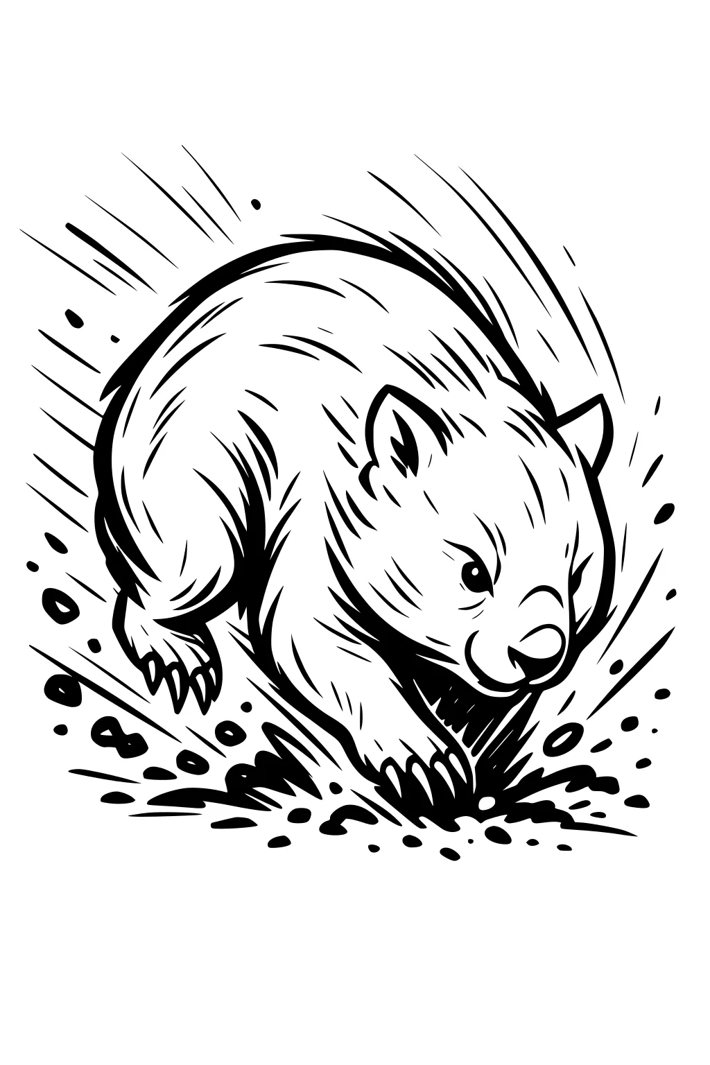 Cartoon wombat dashing forward, claws out, motion lines and dirt splashes, round nose, small ears, bold black outlines.
