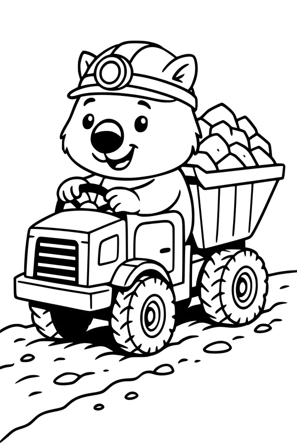 Free Wombat Coloring Page - Miner Driving a Dump Truck (Printable PDF)
