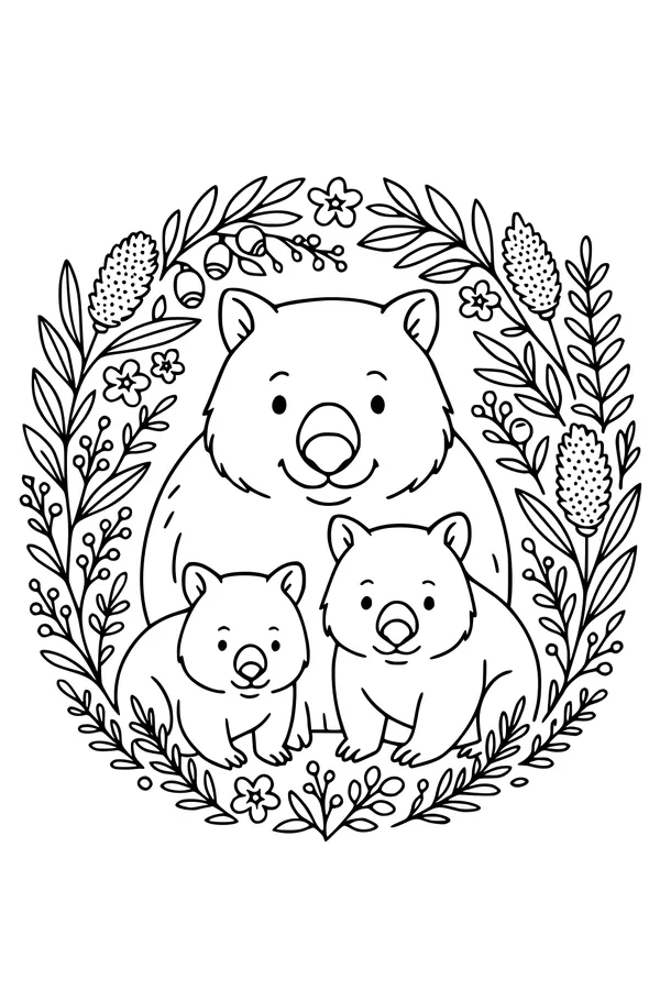 Free Wombat Coloring Page - Wombat Family in Bush Flower Wreath (Printable PDF)