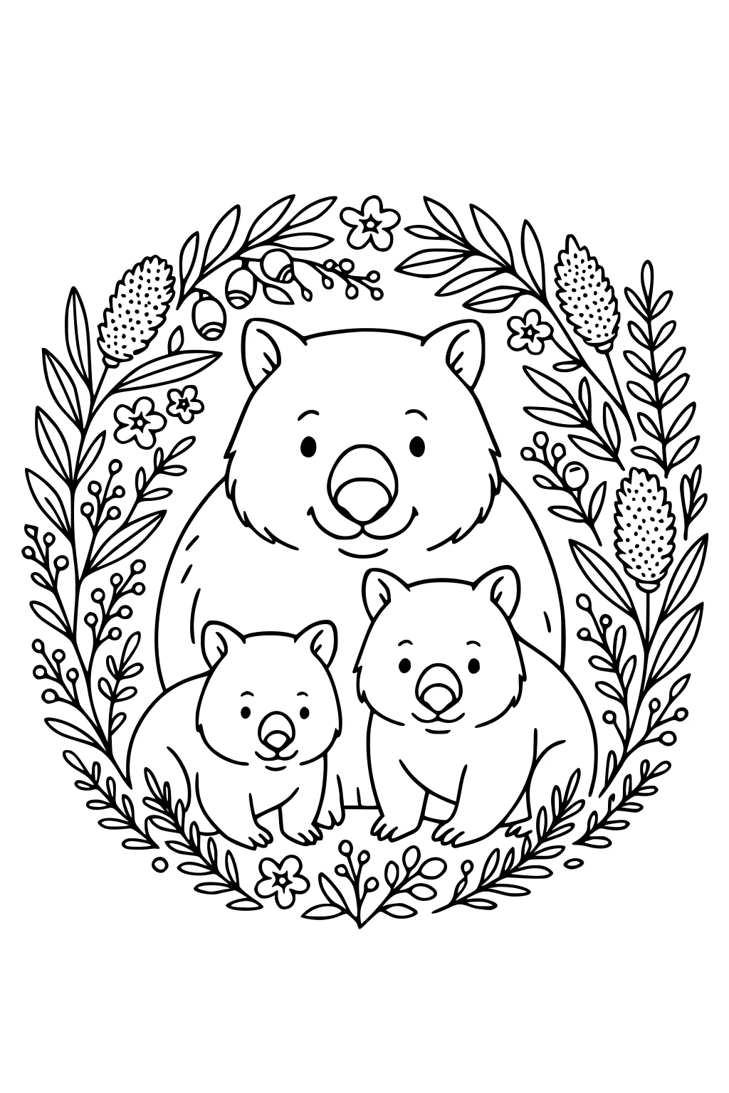 Adult wombat with two joeys framed by a circular wreath of leaves, bottlebrush flowers, and berries in simple black outlines.