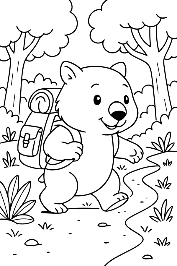 Free Wombat Coloring Page - Hiking Forest Trail Explorer (Printable PDF)