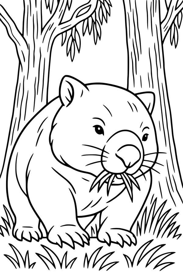 Free Wombat Coloring Page - Munching Grass Under Gum Trees (Printable PDF)