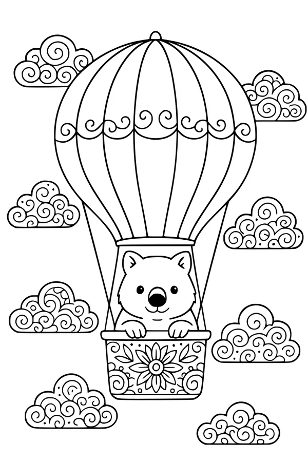 Free Wombat Coloring Page - Cartoon Wombat in Hot Air Balloon (Printable PDF)