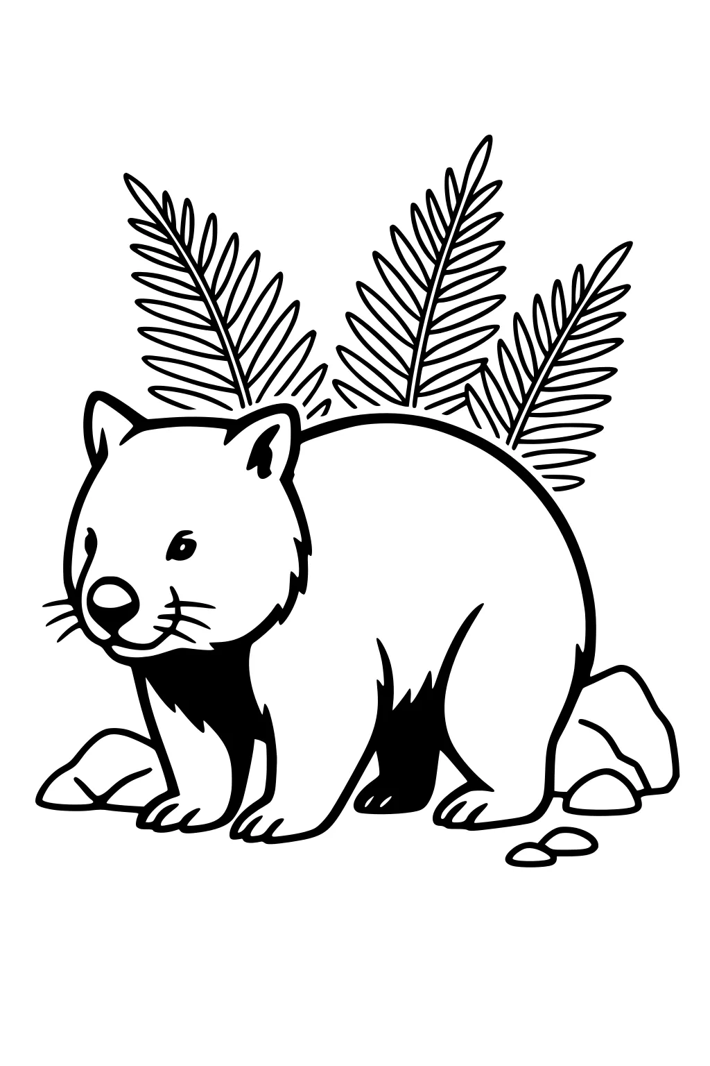 Cartoon wombat with rounded ears and whiskers, by rocks with fern fronds behind, simple black outline for coloring.