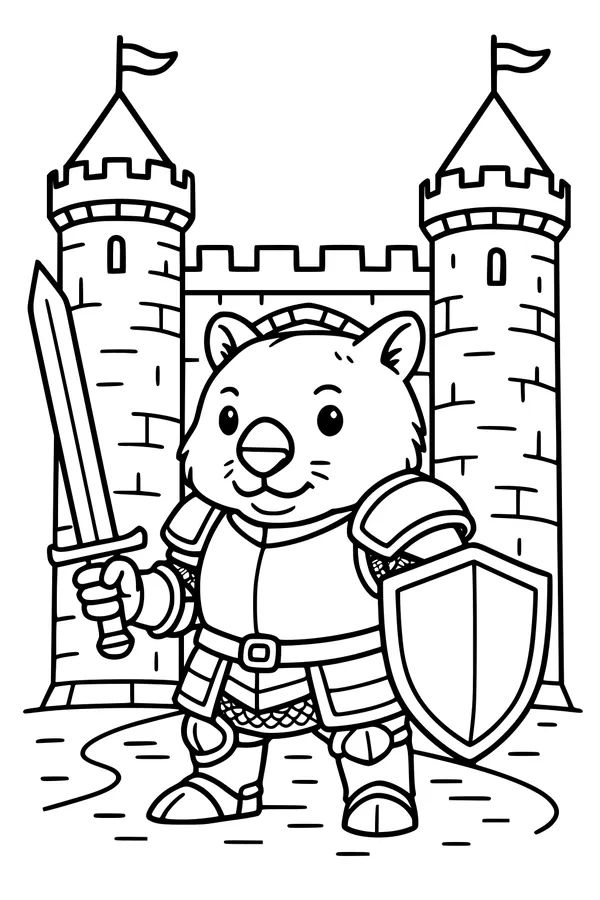 Free Wombat Coloring Page - Brave Knight Guarding a Castle (Printable PDF)