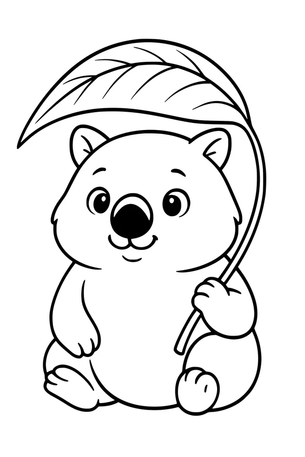 Free Wombat Coloring Page - Cute Cartoon With Leaf Umbrella (Printable PDF)