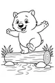 Free Wombat Coloring Page - Cartoon Wombat Balancing on Creek Log (Printable PDF)