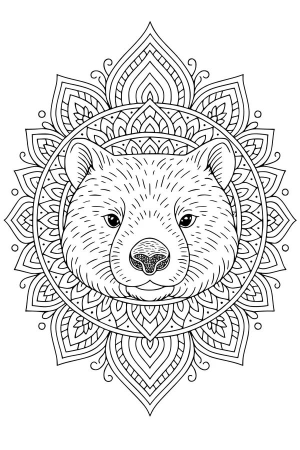 Free Wombat Coloring Page - Mandala Leafy Crown Portrait (Printable PDF)