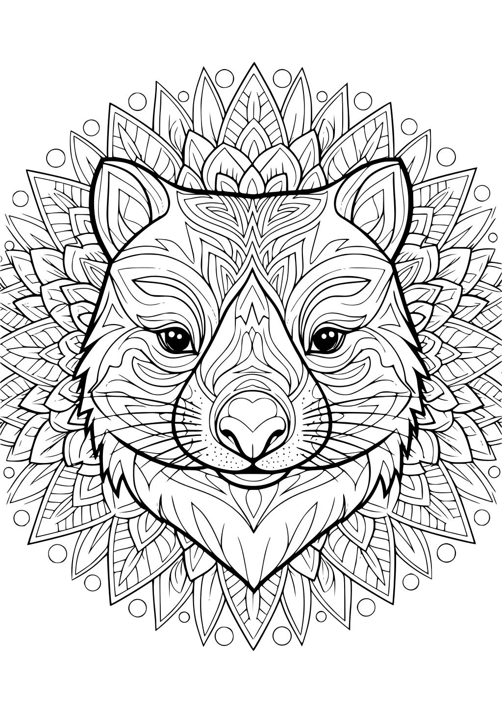 Wombat face with heart-shaped nose, perked ears, and layered mandala petals with dots, detailed with fine swirls and lines.