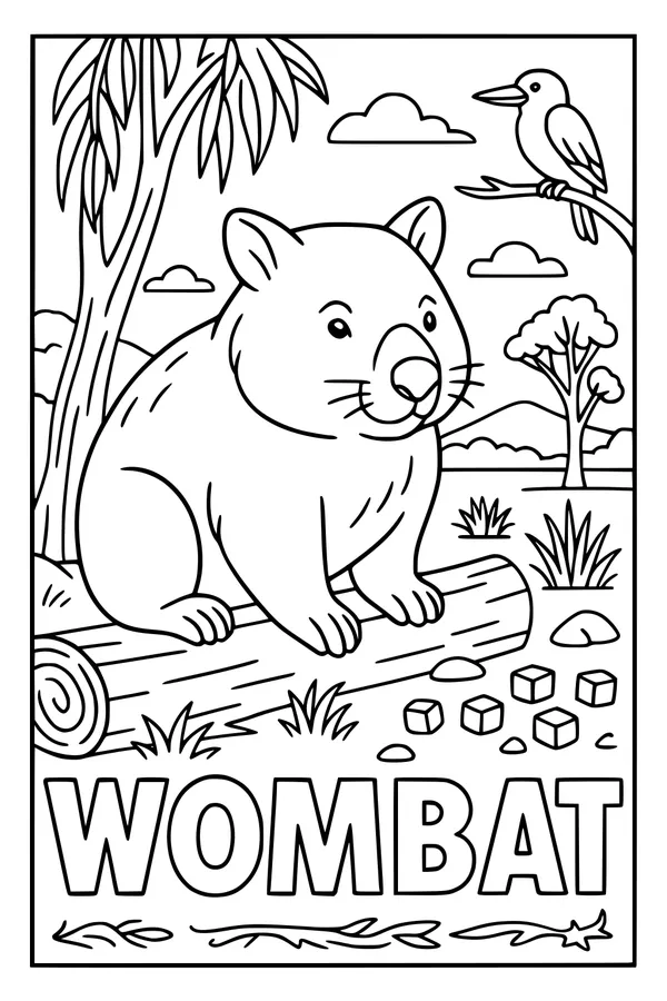 Free Wombat Coloring Page - Cute Log-Top Bushland Scene (Printable PDF)