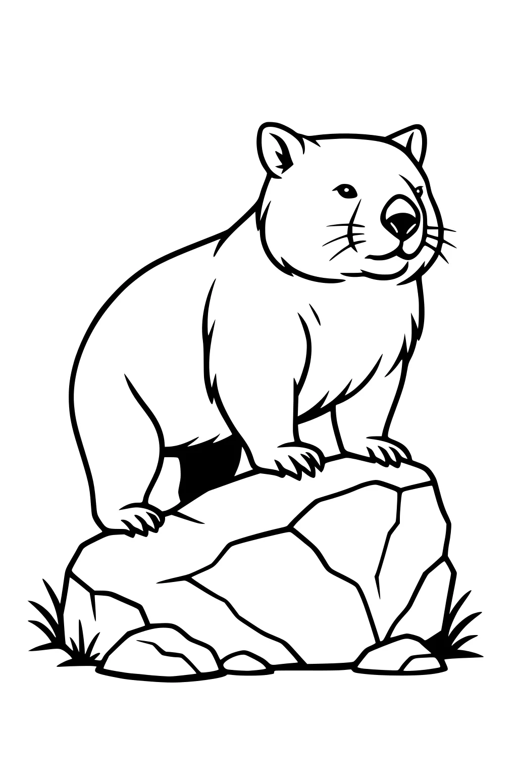Cartoon wombat standing on a large rock with small grass tufts, simple black outline, side-front view.