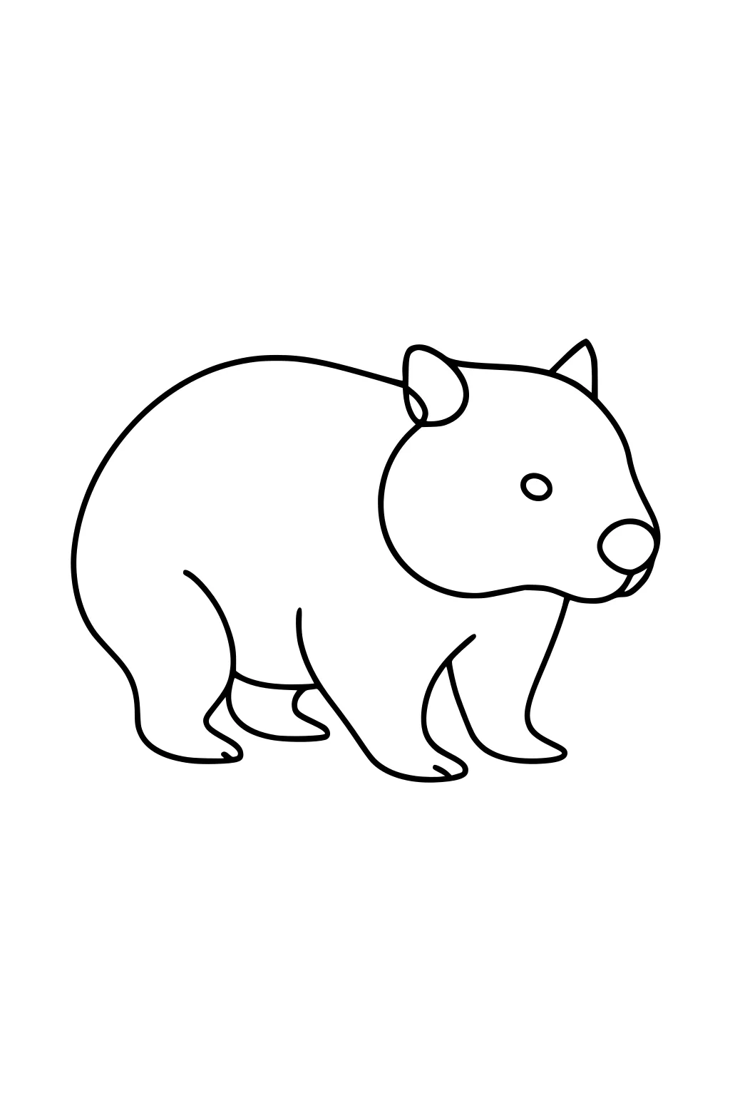 Simple outline of a wombat with round body, small ears, short legs, and button nose, facing right on a blank background.