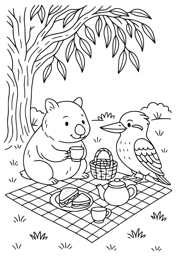 Free Wombat Coloring Page - Picnic With Kookaburra Under Gum Tree (Printable PDF)