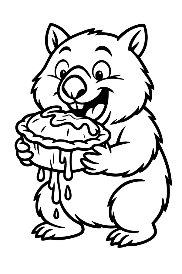 Free Wombat Coloring Page - Cute Cartoon With Dripping Pie (Printable PDF)