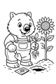 Free Wombat Coloring Page - Cute Gardener Planting a Sunflower (Printable PDF)