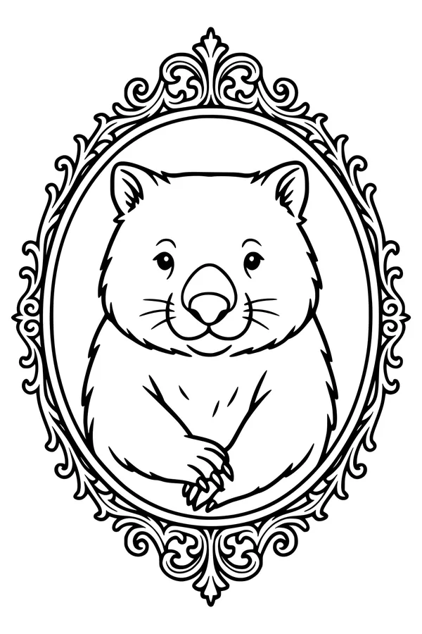Free Wombat Coloring Page - Smiling Portrait in Ornate Oval Frame (Printable PDF)