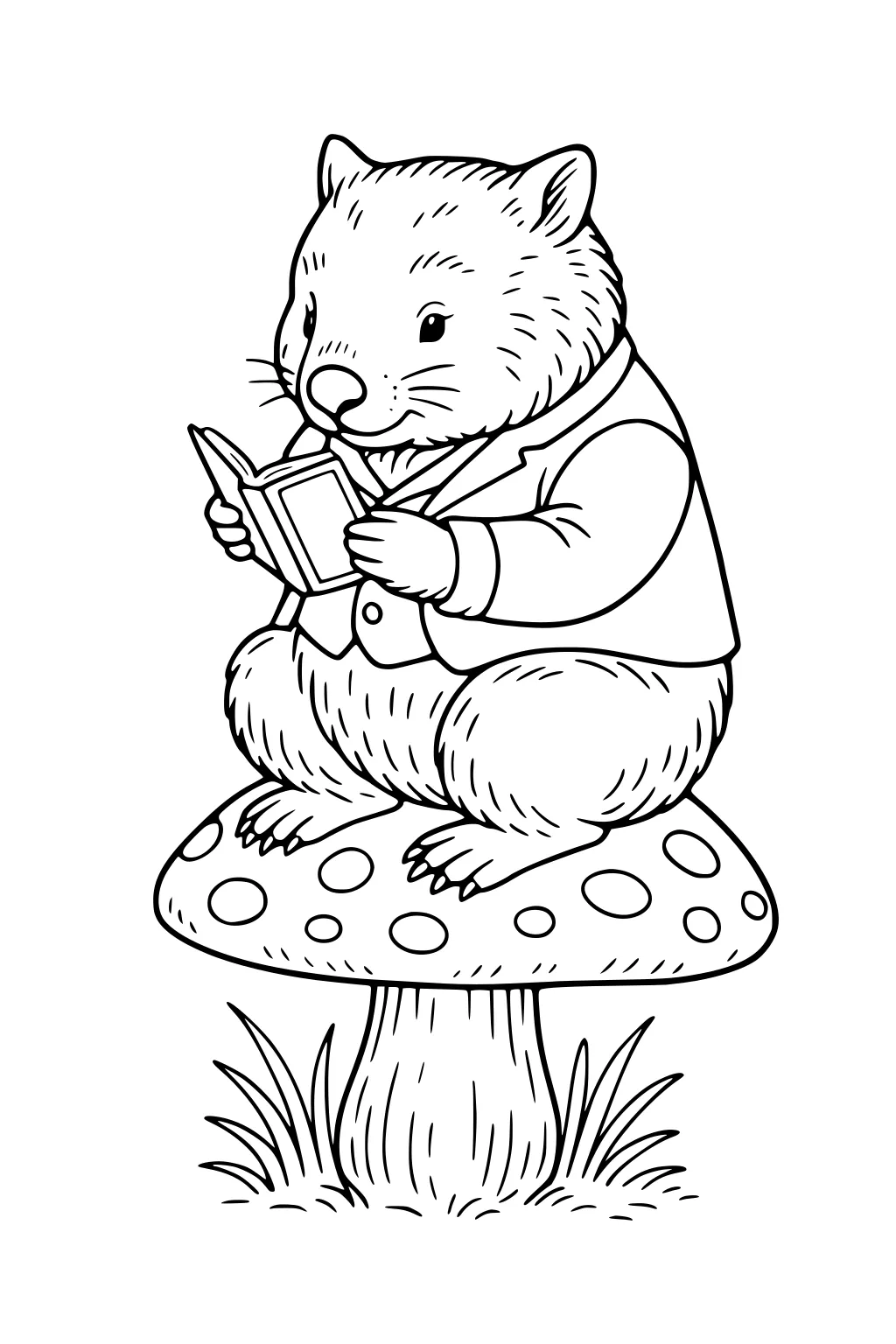 Wombat in a jacket sits on a spotted mushroom, reading a small book; grass grows at the base of the mushroom stem.