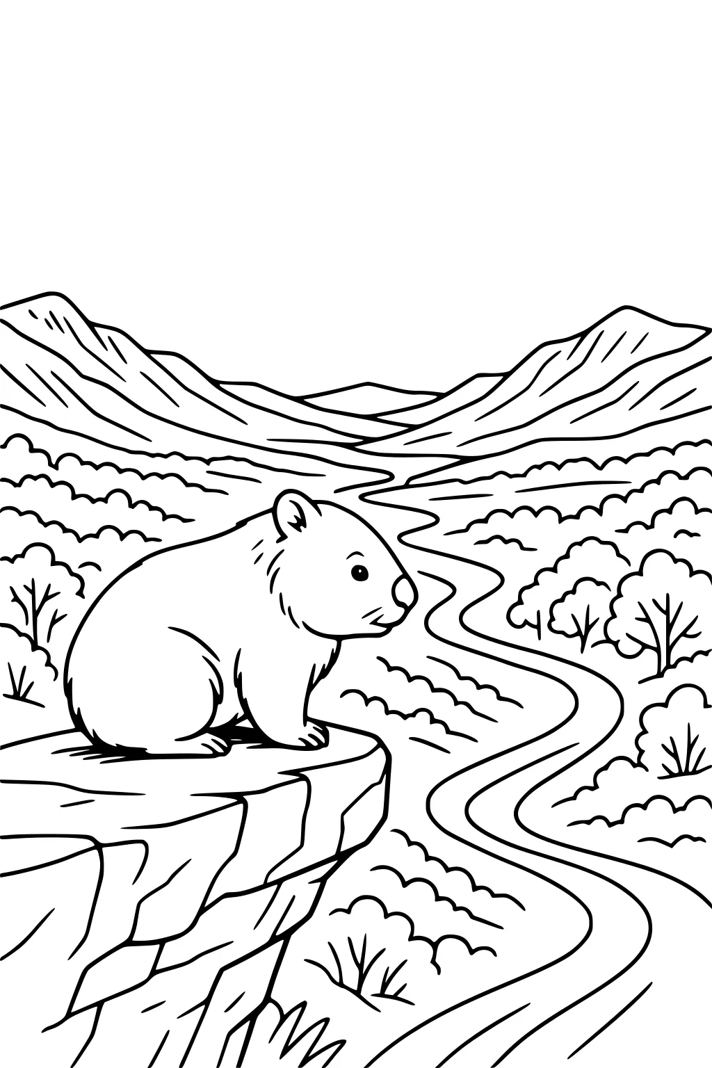 Wombat sits on a cliff ledge above a winding river with bushes and mountains in the background.