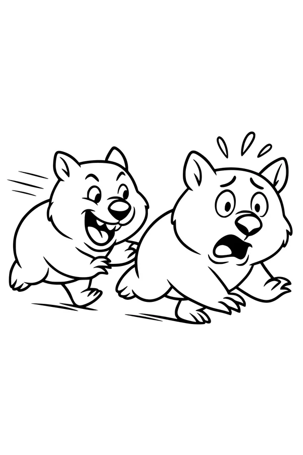 Free Wombat Coloring Page - Playful Tag Chase Scene (Printable PDF)