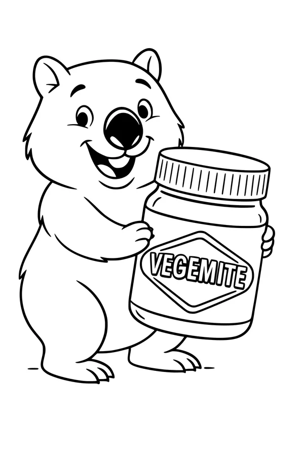 Free Wombat Coloring Page - Cute Cartoon With Vegemite Jar (Printable PDF)