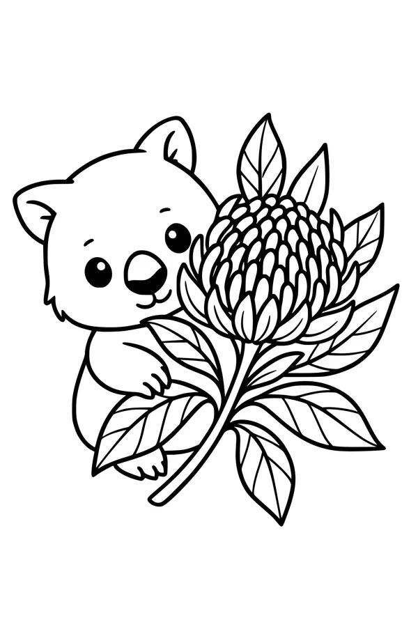 Free Wombat Coloring Page - Cute Cartoon Wombat With Waratah Flower (Printable PDF)