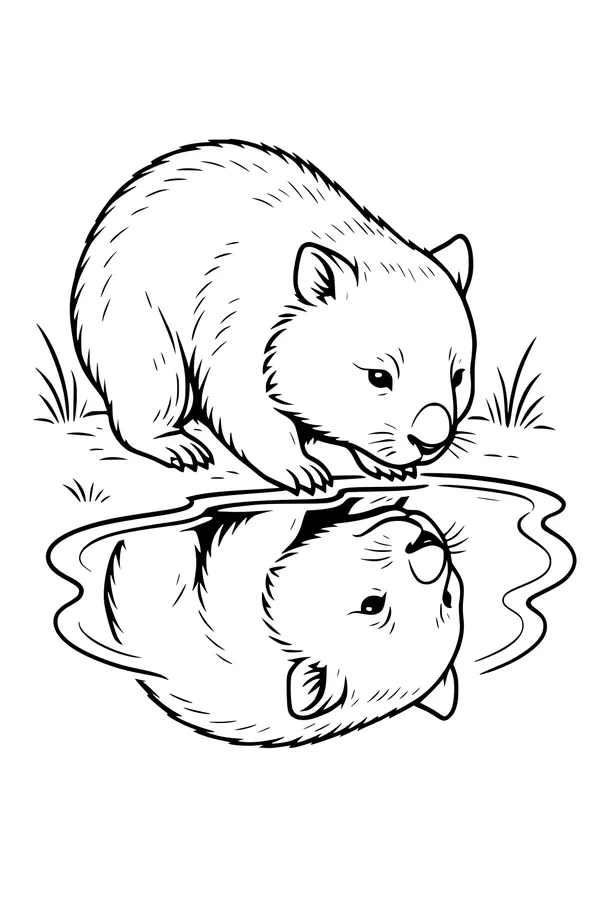 Free Wombat Coloring Page - Drinking At A Pond With Reflection (Printable PDF)