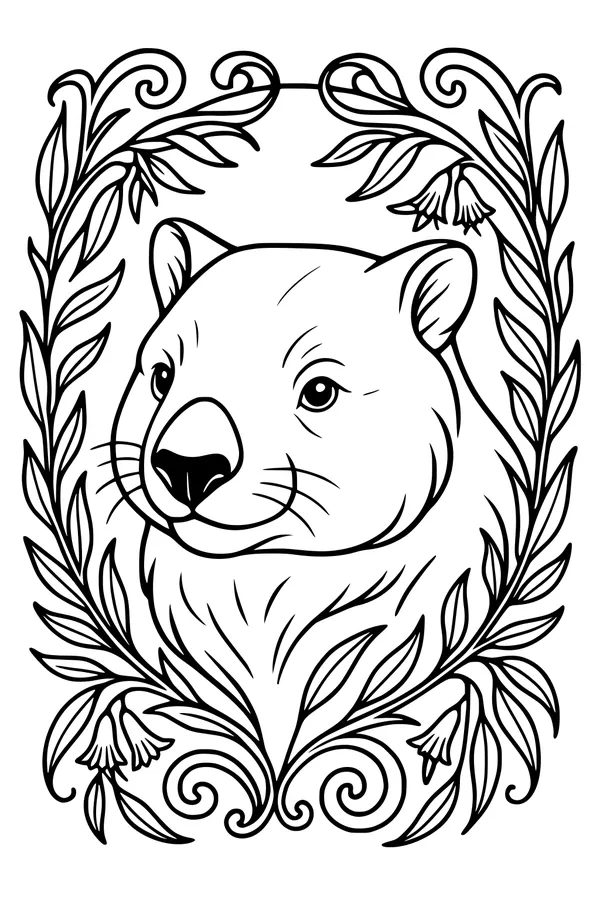 Free Wombat Coloring Page - Cute Portrait in Wildflower Wreath (Printable PDF)