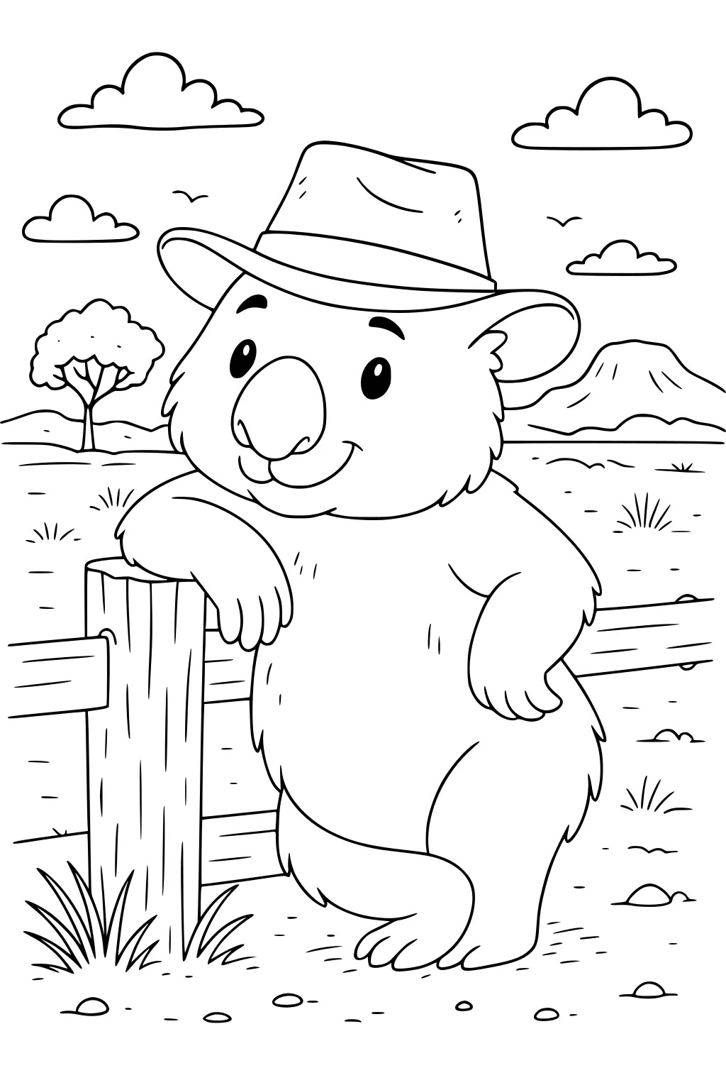 Smiling wombat in a hat leans on a fence; open plains, one tree, distant mountain, clouds, grass tufts, and small stones.