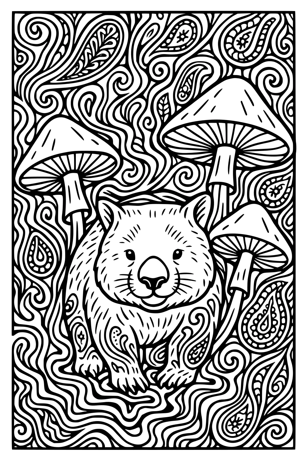 Smiling wombat centered among three mushrooms, with swirling paisley patterns filling the background.