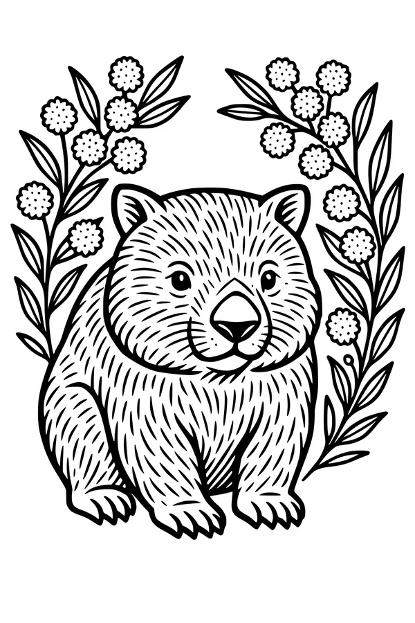 Free Wombat Coloring Page - Cute Backyard Wombat With Wattle Flowers (Printable PDF)
