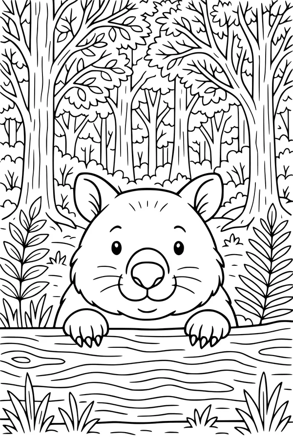 Free Wombat Coloring Page - Cute Peekaboo in the Forest (Printable PDF)