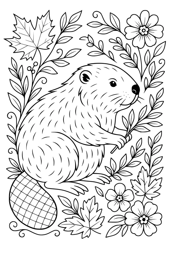Free Beaver Coloring Page - Cute Beaver in Flower Garden (Printable PDF)