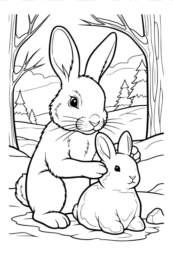 Free Rabbit Coloring Page - Mama Bunny Hugging Baby in Snowy Forest (Printable PDF)