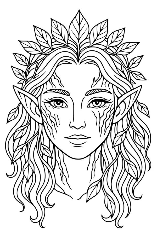Free Fairy Coloring Page - Leaf-Crowned Woodland Portrait (Printable PDF)