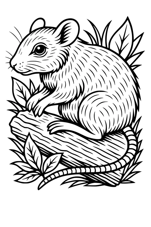 Free Rat Coloring Page - Woodland Rat on Mossy Log (Printable PDF)