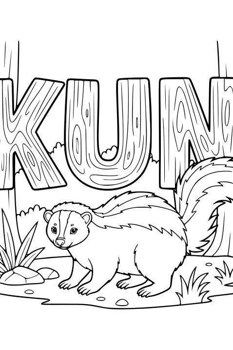 Free Skunk Coloring Page - Forest Skunk With Big Wood Letters (Printable PDF)
