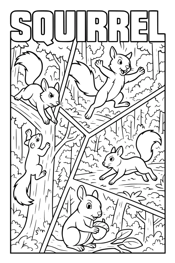 Free Squirrel Coloring Page - Woodland Adventure In Four Scenes (Printable PDF)