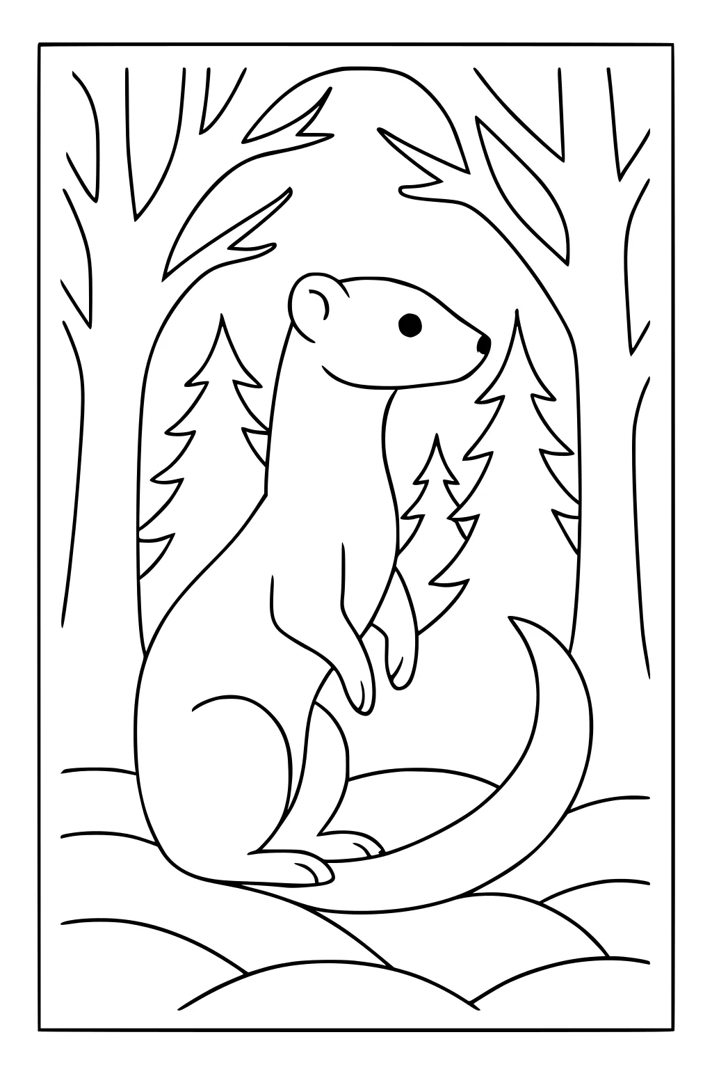 Weasel standing upright on a hill with pine trees and forest background.